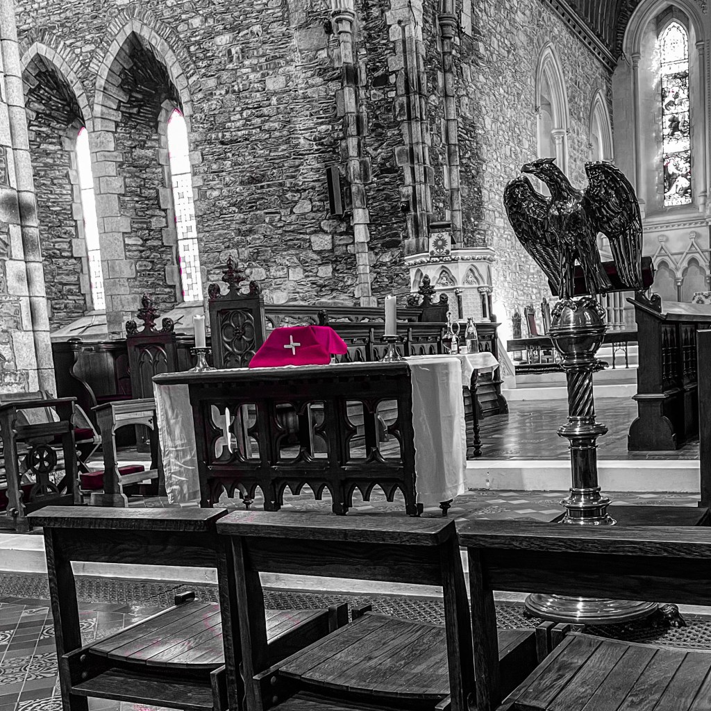 Interior of Kildare Cathedral in black and white, with a magenta burse and veil highlighted in colour on the altar and eagle lectern.