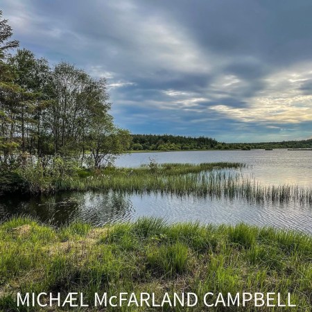 Lake at Derryounce Bog with reeds, trees, and calm water beneath a dramatic evening sky.