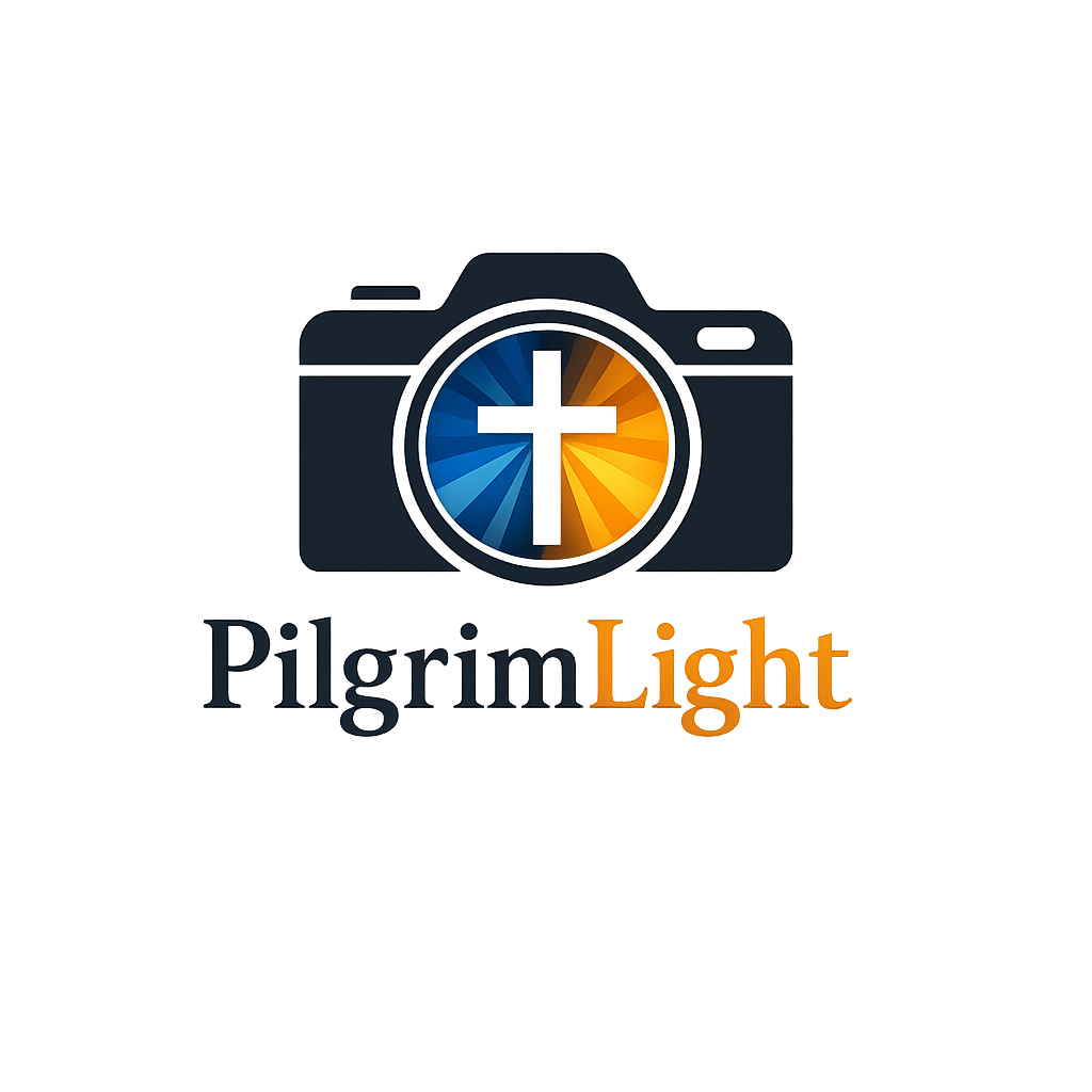 PilgrimLight logo showing a camera with a cross-shaped lens illuminated by blue and gold light, above the name “PilgrimLight”.